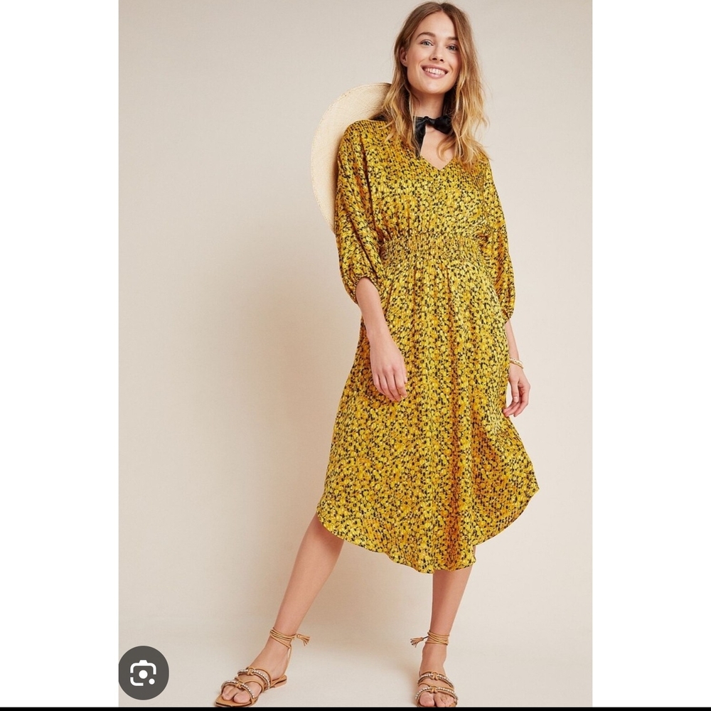 NWT Anthropologie Marigold Yellow Boho Midi Dress XS Smocked Waist